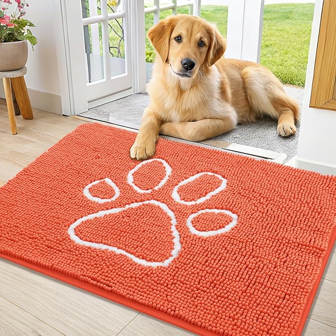 Smiry Dog Door Mat for Muddy Paws, Absorbent Dirt Trapper Non Slip Quick Dry Washable Chenille Mat for Mud Dogs, Entry Rug for Indoor and Outdoor (36x24 Inches, Coral and White)