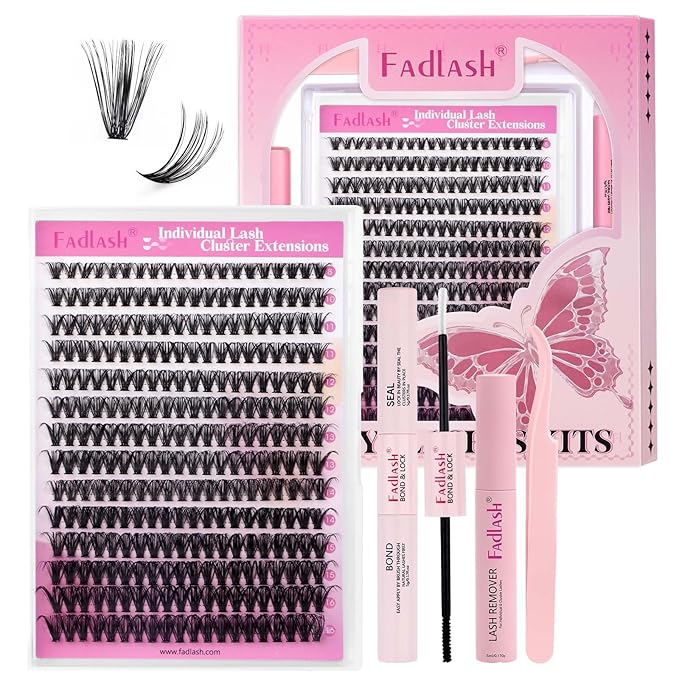 FADLASH Lash Clusters Kit 280PCS Natural Eyelash Clusters Individual Wispy Lash Extensions with Lash Bond and Seal Lash Glue Remover and Lash Tweezer for Beginners DIY at Home (40D-0.07D, 8-16mm, Kit)