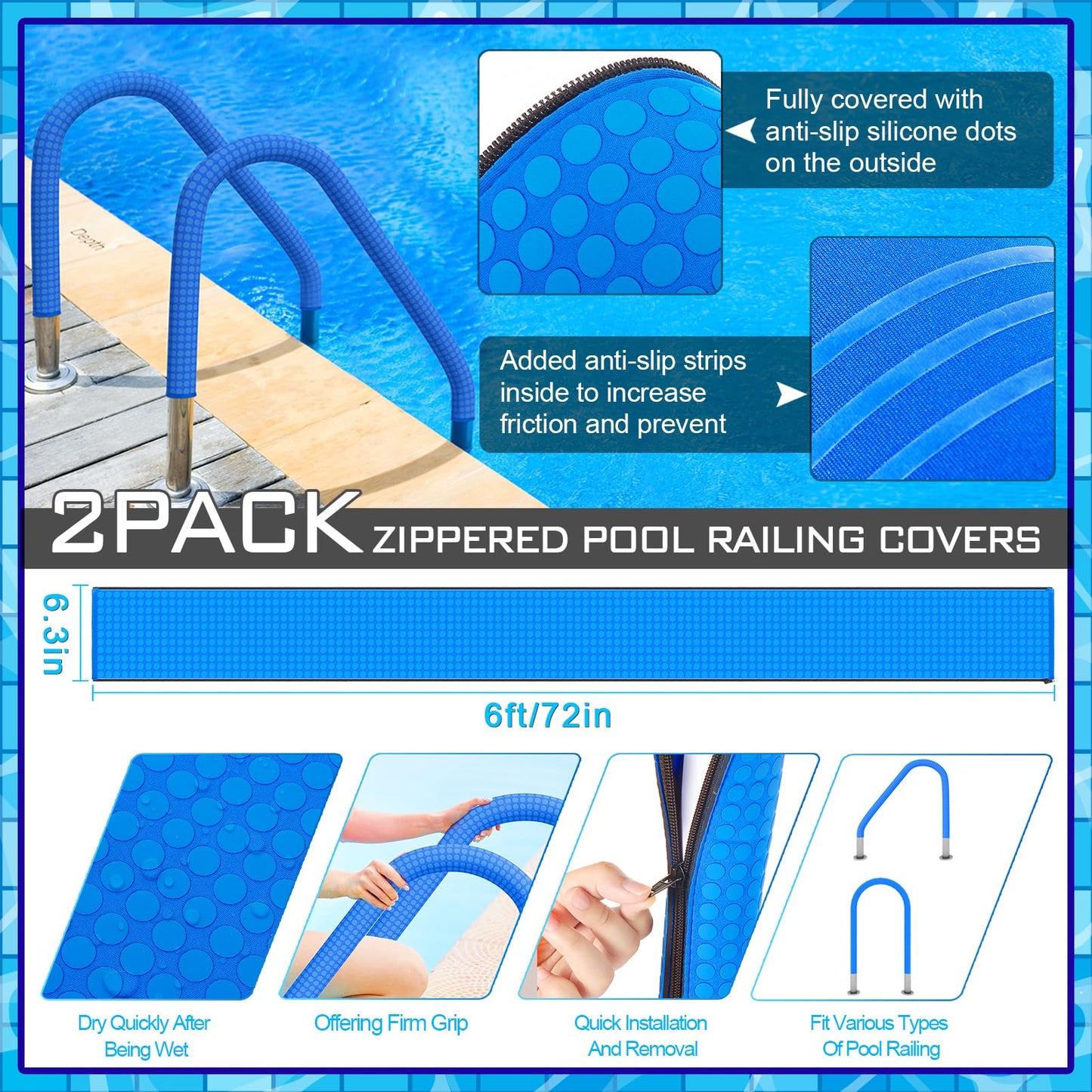 2 Pack Neoprene Pool Handrail Covers, 6 Foot Swimming Pool Hand Railing Covers with Enhanced Zipper Slip Resistant Anti-Scald Safety Rail Grip Handles Sleeve for Inground Swimming Pool Ladder Handles