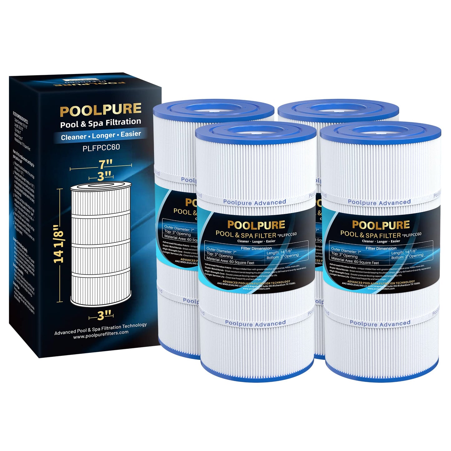 POOLPURE PLFPCC60 Pool Filter Replaces Pentair CCP240, PCC60, Ultral-A4, Unicel C-7469, R173572, 178569, Filbur FC-1975, Clean and Clear Plus 240, L x OD:14 1/8"x7", 4 X 60 sq. ft. Filter Cartridge