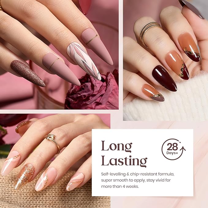 Beetles Gel Nail Polish Set, 23Pcs Brown Burgundy Red Nude Pink Gel Polish Set with Base Top Coat Verse of Roses Kit, Soak off Uv Gel Golden Glitter Holiday Nail Gift for Women
