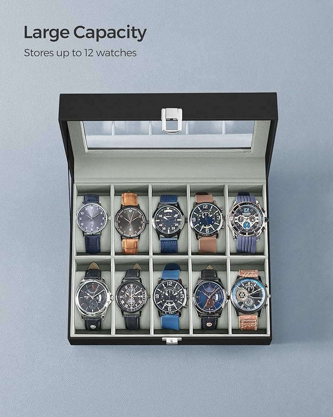 SONGMICS Watch Box, 10-Slot Watch Case Organizer with Large Glass Lid, Removable Pillows, Gift for Loved Ones, Black Synthetic Leather, Gray Lining UJWB010BK
