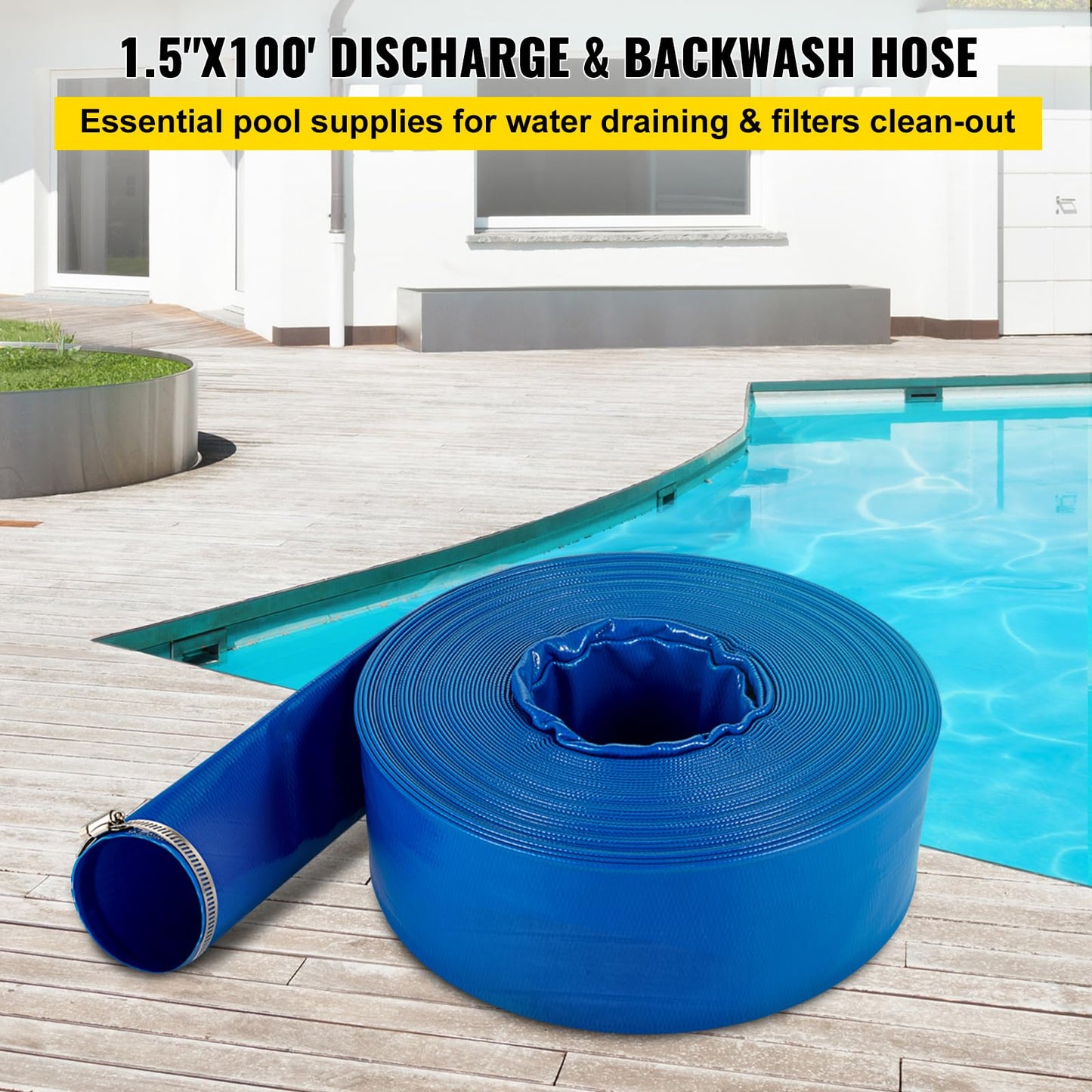 VEVOR Discharge Hose, 1-1/2" x 100', PVC Fabric Lay Flat Hose, Heavy Duty Backwash Drain Hose with Clamps, Weather-proof & Burst-proof, Ideal for Swimming Pool & Water Transfer, Blue