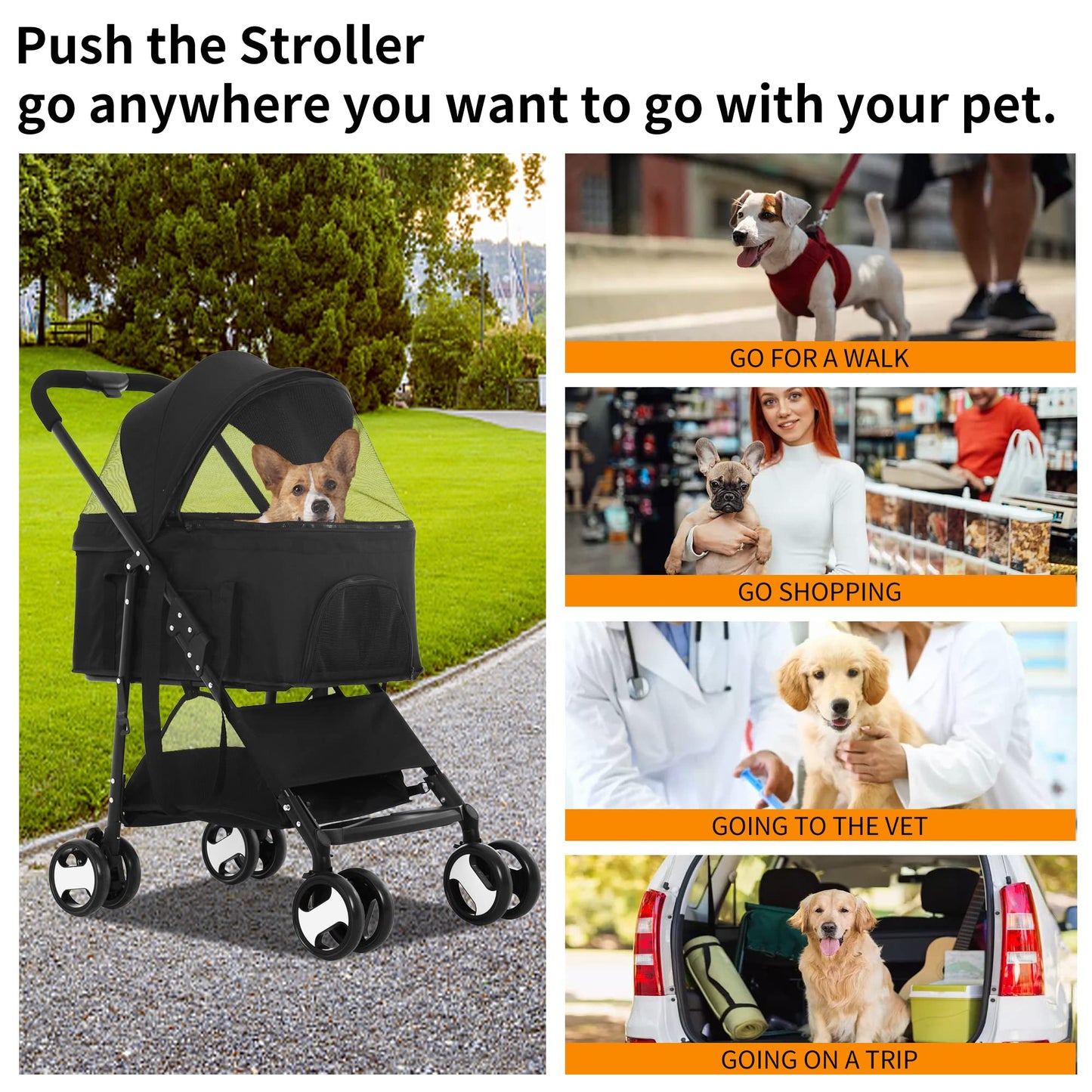 BLKMTY Dog Stroller 3-in-1 Folding Pet Stroller 4 Wheels Cat Strollers w/Storage Basket Dog Carrier Trolley One-Button Switch Travel Strollers with Safety Belt Detachable Carrier, Black