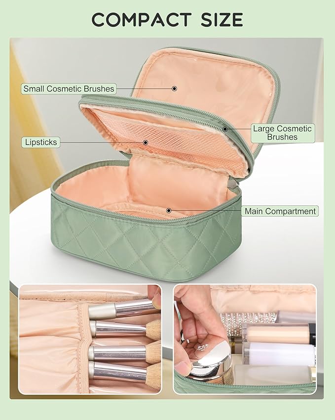 Relavel Travel Makeup Bag, Cosmetic Bag for Girls with 2 Makeup Brush Holders, Portable Makeup Pouch for Women, Cute Toiletry Bag with Double Layer Organizer - Green