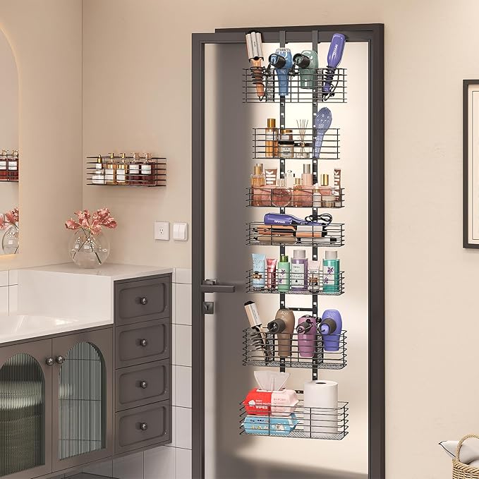 Yuyetuyo 7-Tier Over The Door Organizer, Shower Caddy Hanging &Wall Mounted Hair Tool Organizer/Hair Dryer Holder Adjustable, Behind Door Storage for Bathroom Bedroom Closet Cabinet Pantry Kitchen