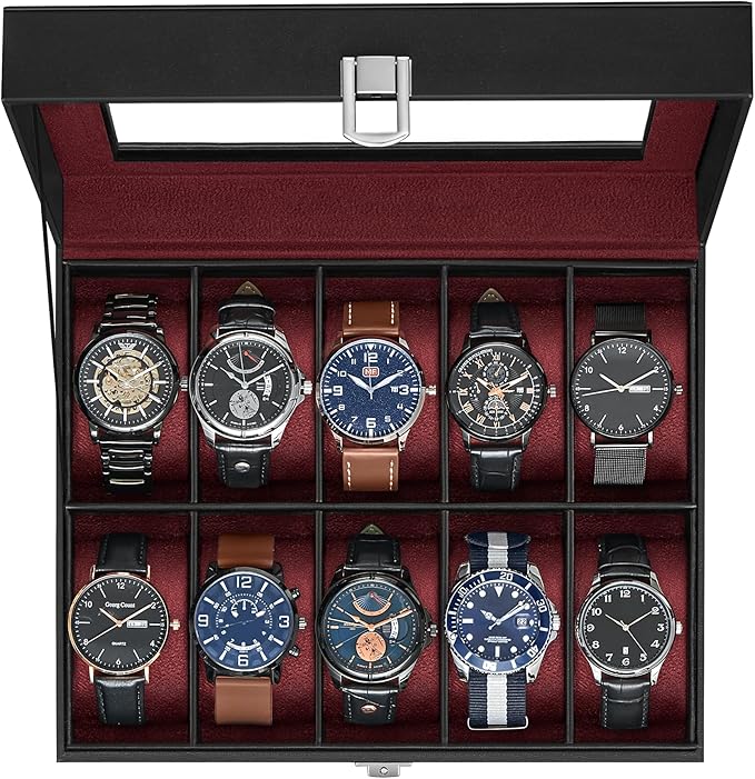 SONGMICS Watch Box, 10-Slot Watch Case Organizer with Large Glass Lid, Removable Pillows, Gift for Loved Ones, Black Synthetic Leather, Wine Red Lining UJWB010R01