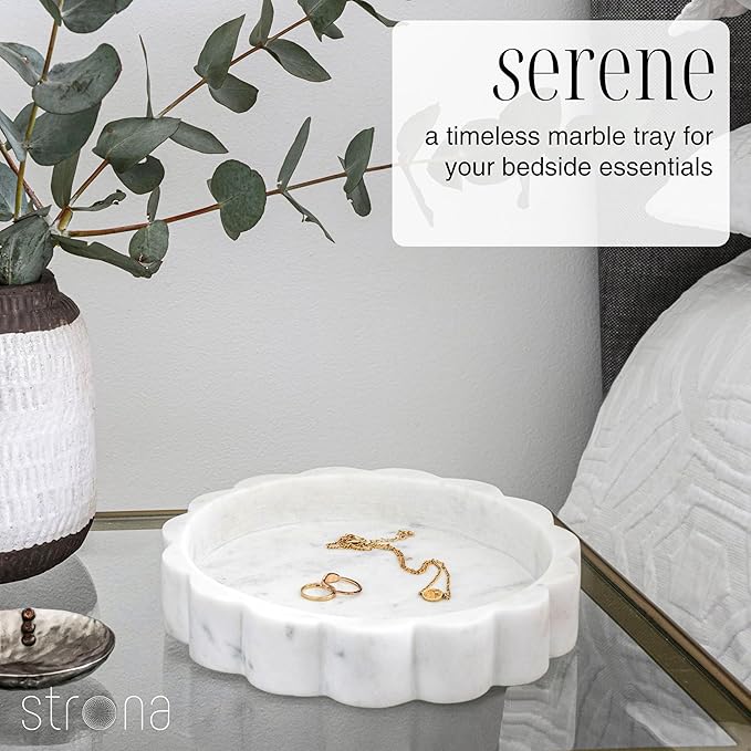 STRONA White Scalloped Marble Tray - 8" Round Stone Vanity Tray for Perfume & Jewelry, Marble Dish for Bathroom Countertop & Kitchen Counter, Decorative Tray for Bathroom & Kitchen, Modern Catchall