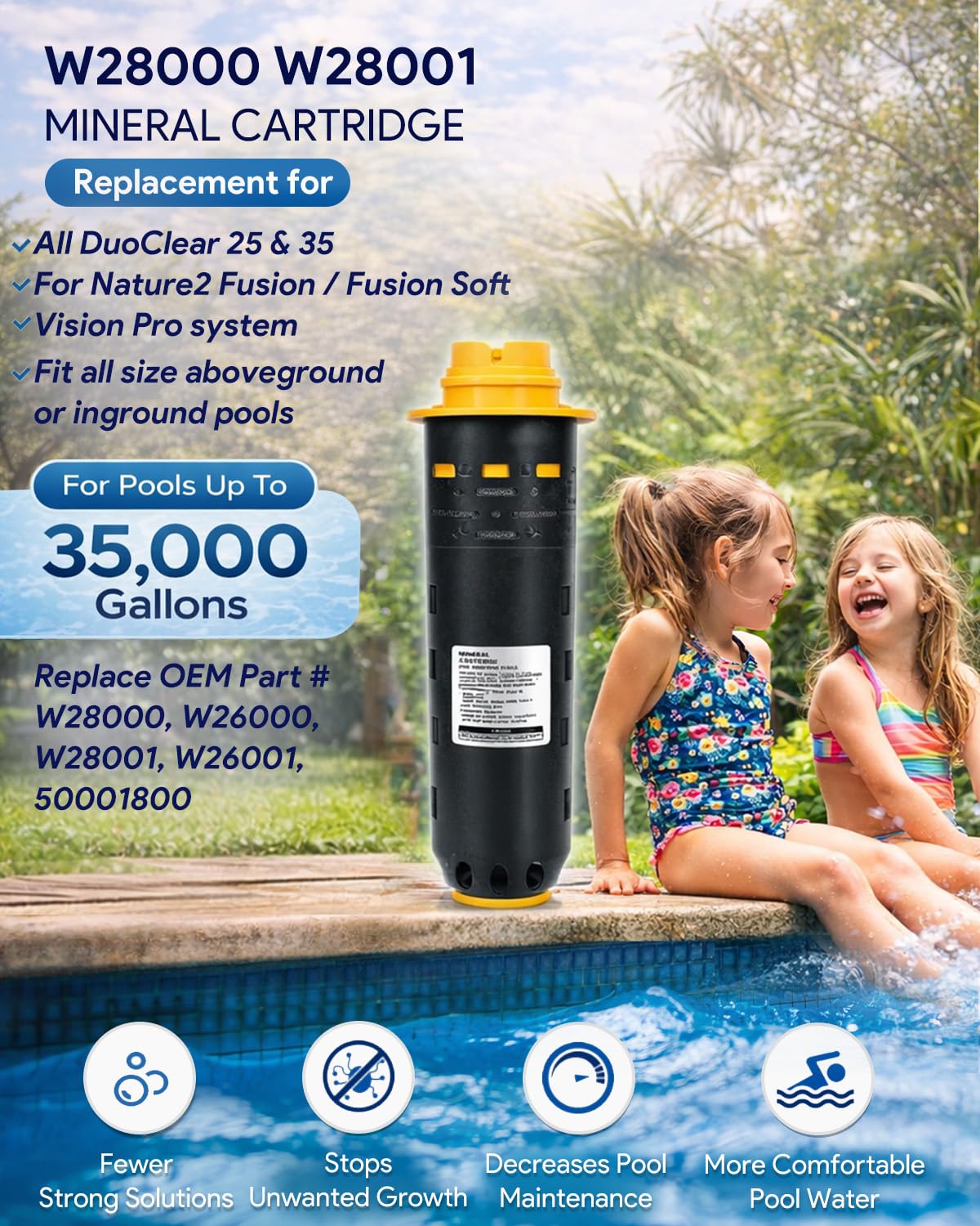 Replacement for Nature2 Duoclear 25 35 Mineral Cartridge W28000 W28001 Fit for All Zodiac DuoClear Fusion Soft Vision Pro Above Ground Ingroud Pool system, for up to 35,000 Gallons Pool