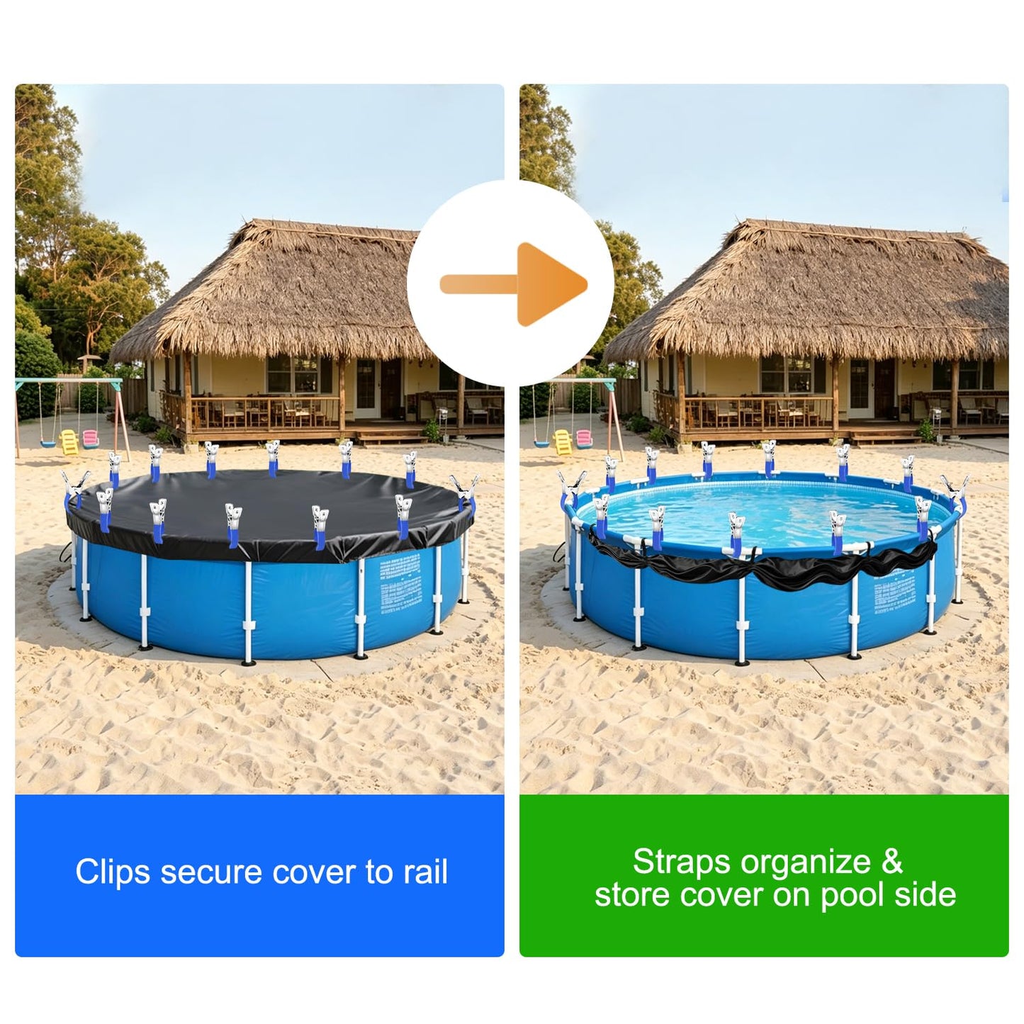 Pool Cover Clips Kit and Pool Cover Side Organizer Straps, Heavy Duty Stainless Steel Pool Cover Clamps with Soft PVC Sleeves, Adjustable Pool Cover Straps for Above Ground Pool, Wind Guard Clip Set