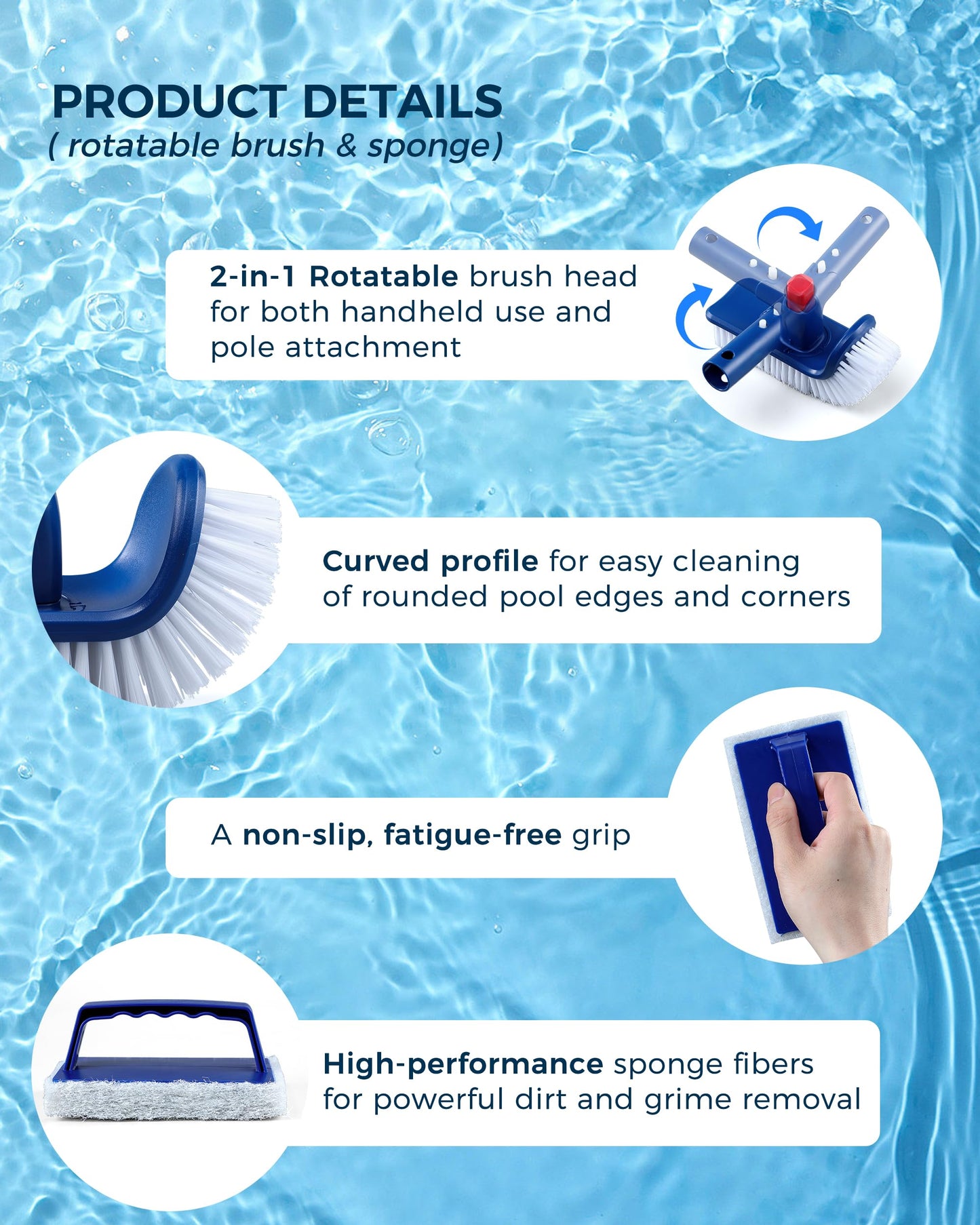 3-in-1 Full-Coverage Pool Brush Head Set - Includes 17.5" Long Brush, Rotatable Handheld/Extension Pole Brush, Sponge Brush, Durable Scrubber Brush Set for Pool Floors/Corners/Steps