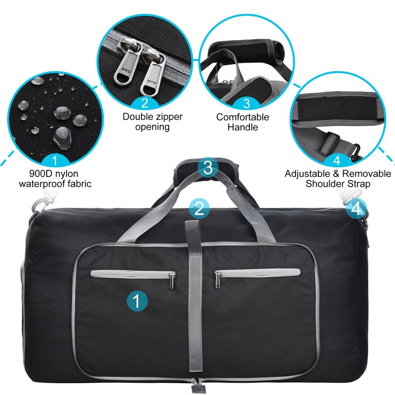 Felipe Varela 65L Duffle Bag with Shoes Compartment, Foldable Waterproof Travel Duffel Bags Duffle Overnight Weekend Travel Gym Bag for Men Women(Black)