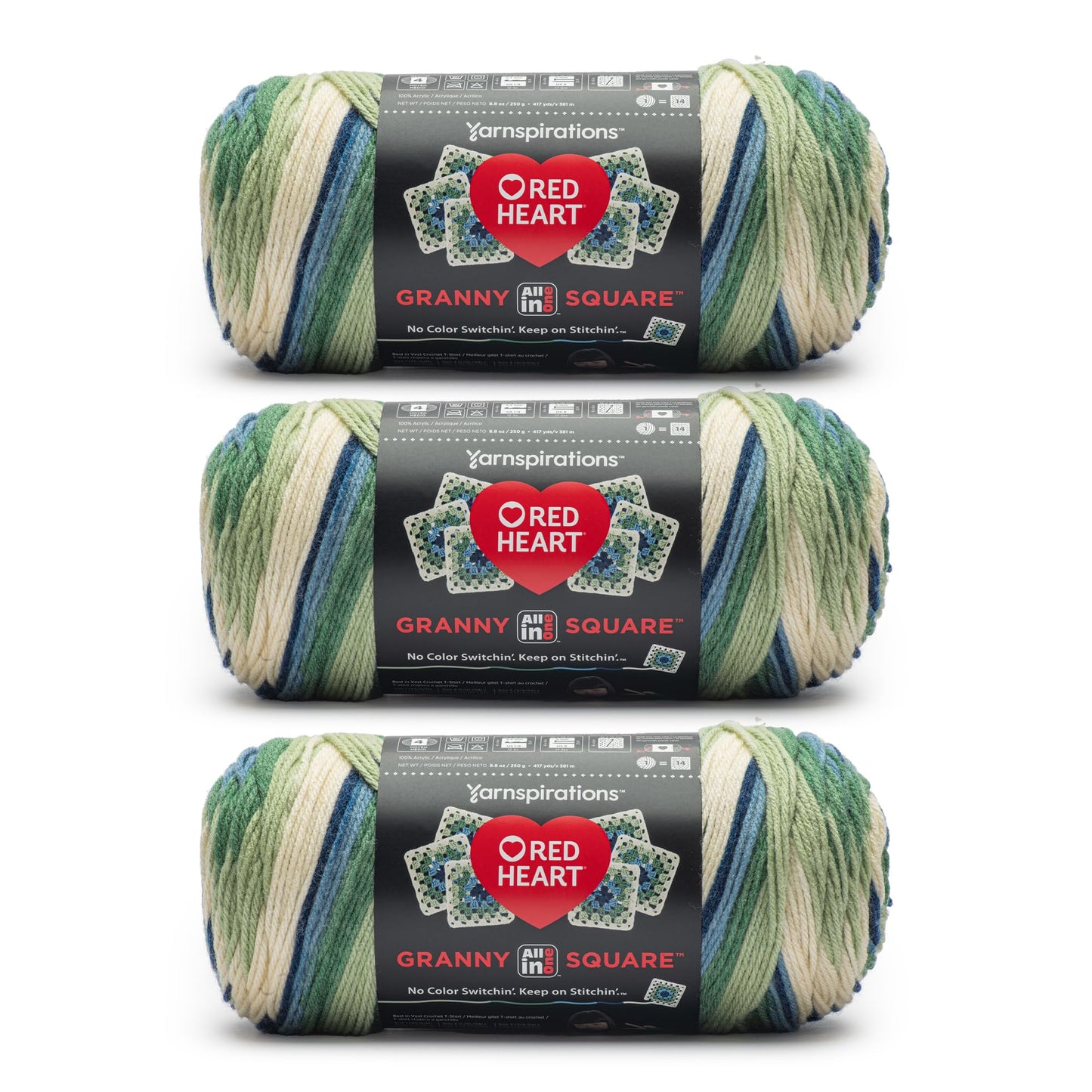 Red Heart All in One Granny Square Aran - Lily PAD Yarn - 3 Pack of 250g/8.8oz - 100% Acrylic - #4 Worsted (Medium) - 381m/417Yards - for Knitting, Crochet and Amigurumi