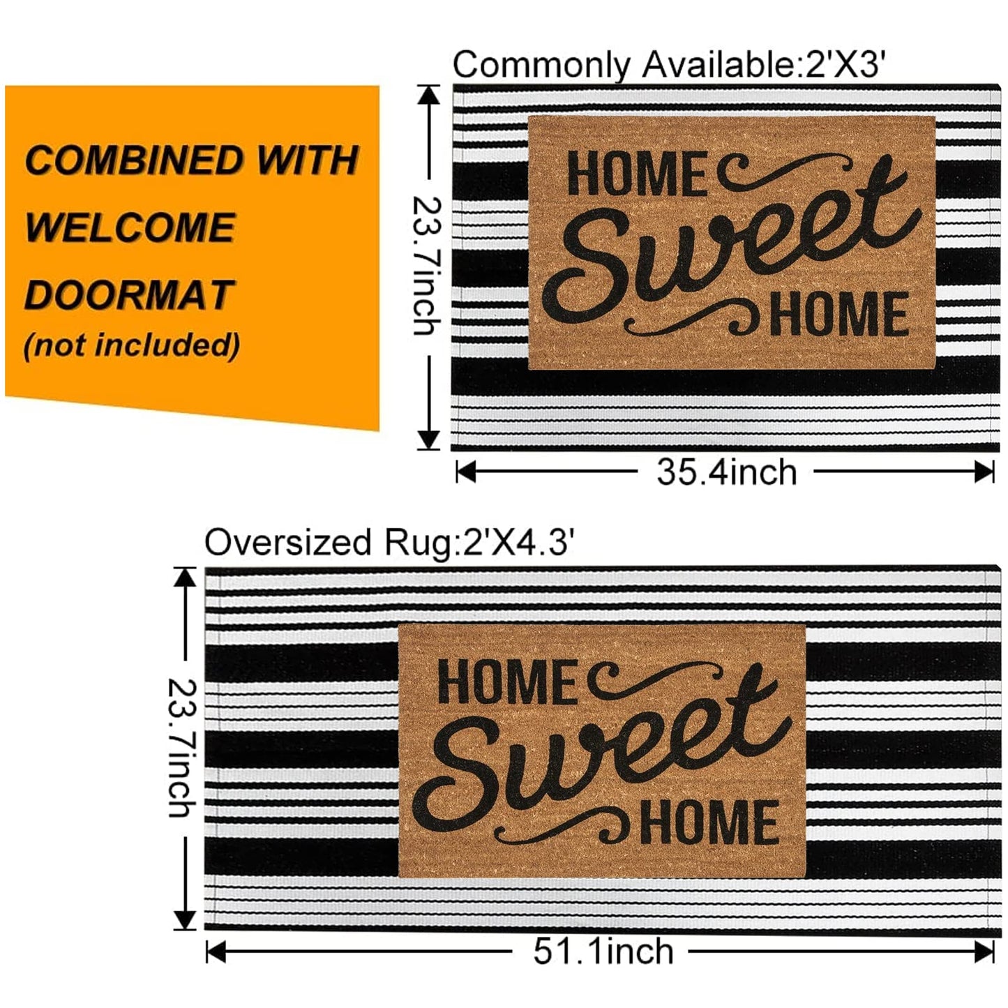 BUAGETUP Black and White Outdoor Rug 3'x 5' Cotton Woven Washable Rug Striped Front Porch Rug Area Rug Floor Mat for Farmhouse/Layered Door Mats/Living Room