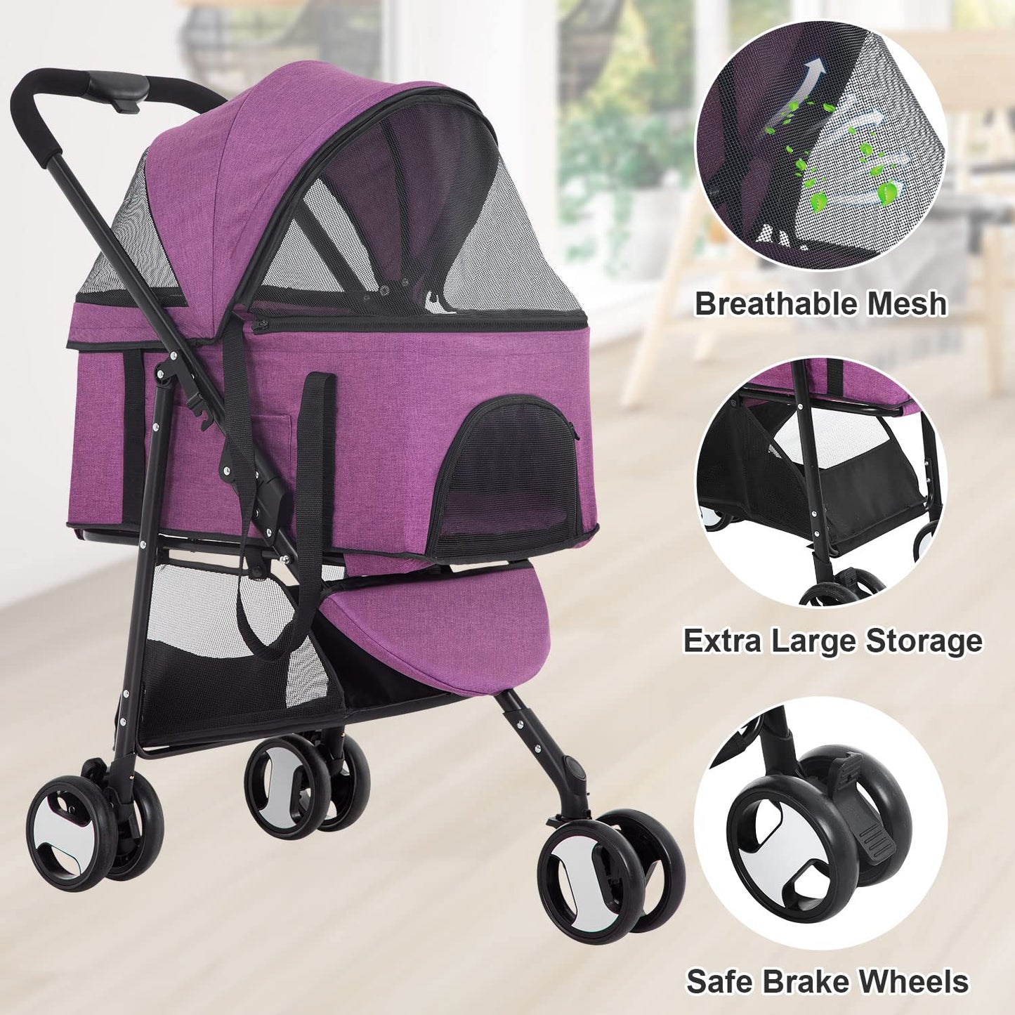 BestPet 3-Wheels Premium 3-in-1 Multifunction Pet Stroller for Medium Small Dogs & Cats - Detachable Carrier, Lightweight Folding Travel Stroller, Purple