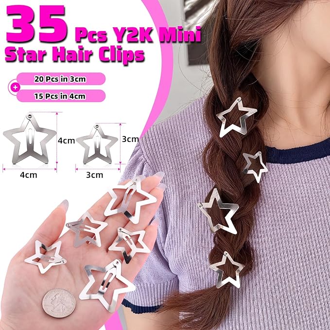 35 PCS Silver Star Hair Clips, 1.18 & 1.57 Inch Y2K Accessories Snap Hair Clips, Non-Slip Small Star Barrettes Accessories for Girls Women, Cool Metal Fashion Ornament Set for Rave Decor