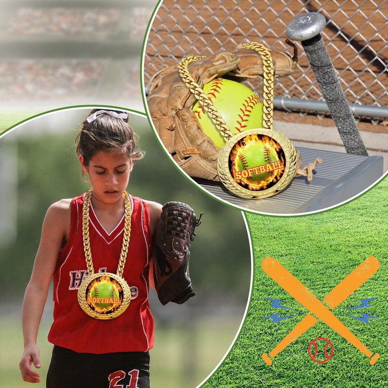 Highergo Softball Champion Chain Award Medal 5 x 6 Inch with Flame Softball Pattern on Jumbo Gold Award Medal Athlete Prize Gifts with 34inch Turnover Chain for Contest Reward Family Reunions