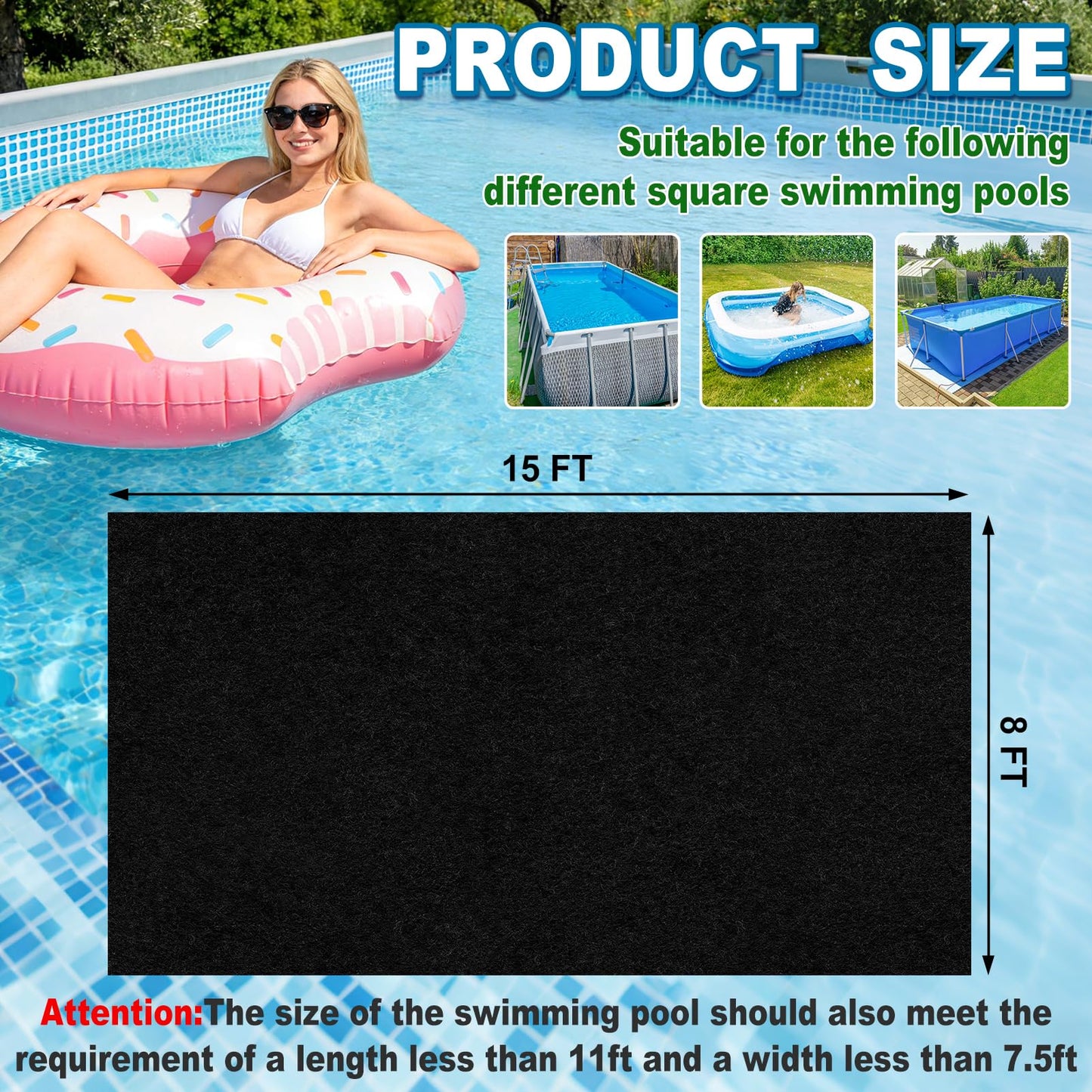 15x8Ft Rectangular Pool Liner Pad for Above Ground Swimming Pools,250g/㎡ Heavy Duty Pool Ground Mat Under Pool Pad, Durable Pools Bottom Liner Protector to Prevent Puncture and Extend Liner Life