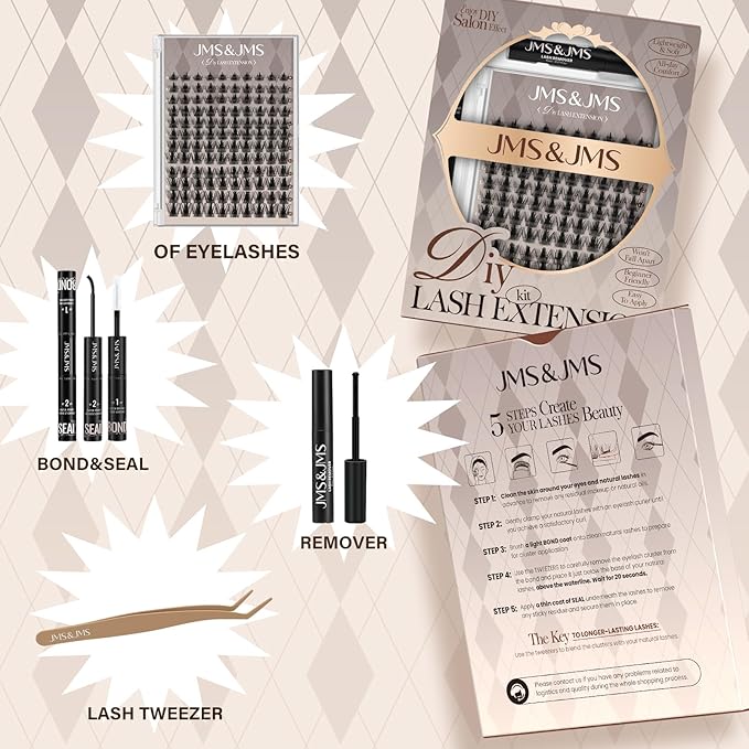 JMS&JMS Lash Extension Kit with Lash Bond and Seal Waterproof Lash Applicator Individual Lashes Velour Lash Clusters Kit Apply at Home(California Sunset,8-18MIX)