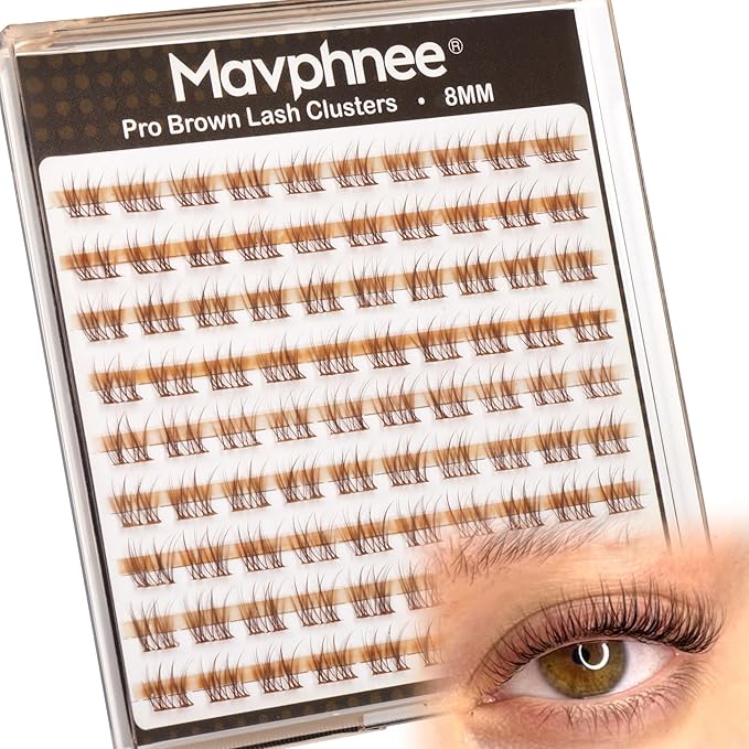 Mavphnee 8MM Brown Lash Clusters Clear Band Eyelashes Natural Looking Individual Lashes Extensions with CC-Curly for Soft Vibe Natural Enhancement