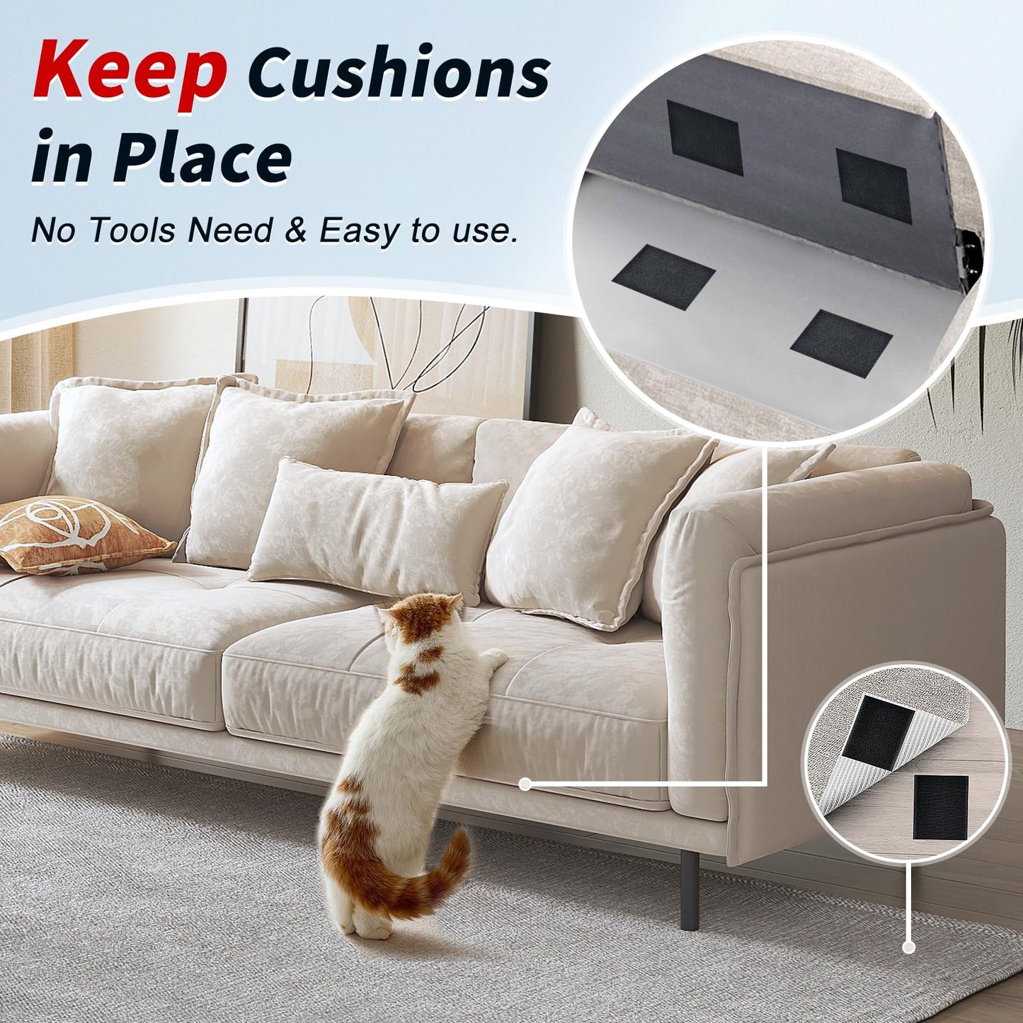 4 Inch x 20Feet Hook and Loop Strips with Adhesive,Keep Couch Cushions from Sliding, Picture Wall Hanging, No Punching Wall Mounting, Keep Your Carpet Rugs in Place