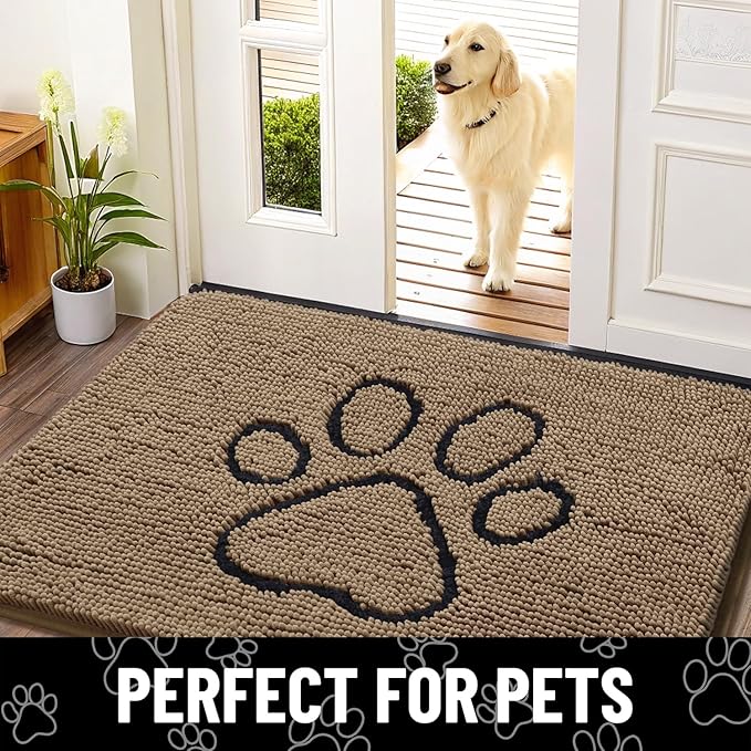Smiry Dog Door Mat for Muddy Paws, Absorbent Dirt Trapper Non Slip Quick Dry Washable Chenille Mat for Mud Dogs, Entry Rug for Indoor and Outdoor (24x16 Inches, Camel and Black)