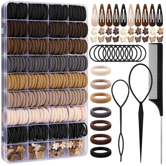 Hair Accessories for Girls - 360 Pieces Cotton Toddler Hair Ties Brown Ponytail Holders, Hair Clips and Hair Tail Tools, Neutral Colors