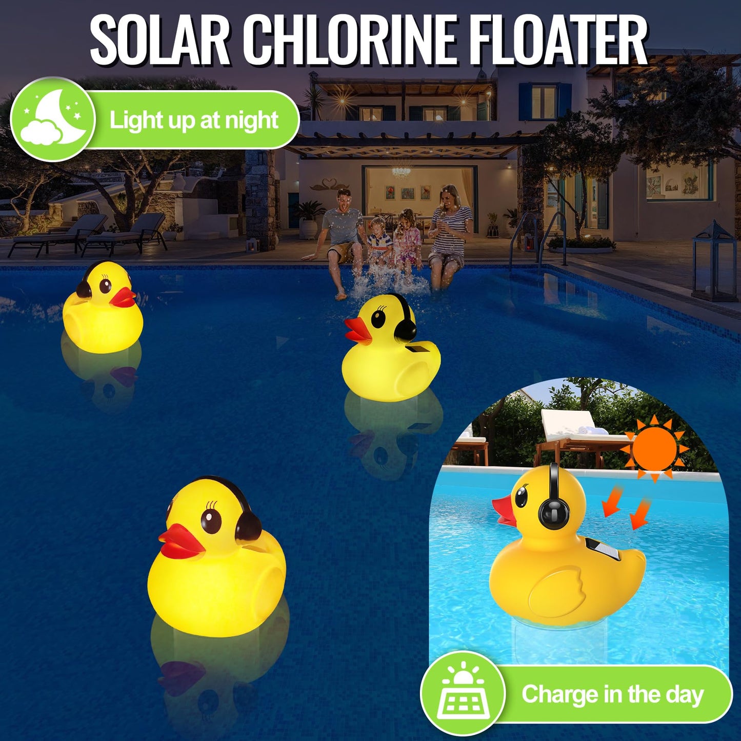 Pool Chlorine Floater with Light,Duck Chlorines Floaters with Adjustable Flow,Solar Chlorine Floater,Floating chlorines Dispenser for Pool,Hot Tub chlorines Floaters, Yellow