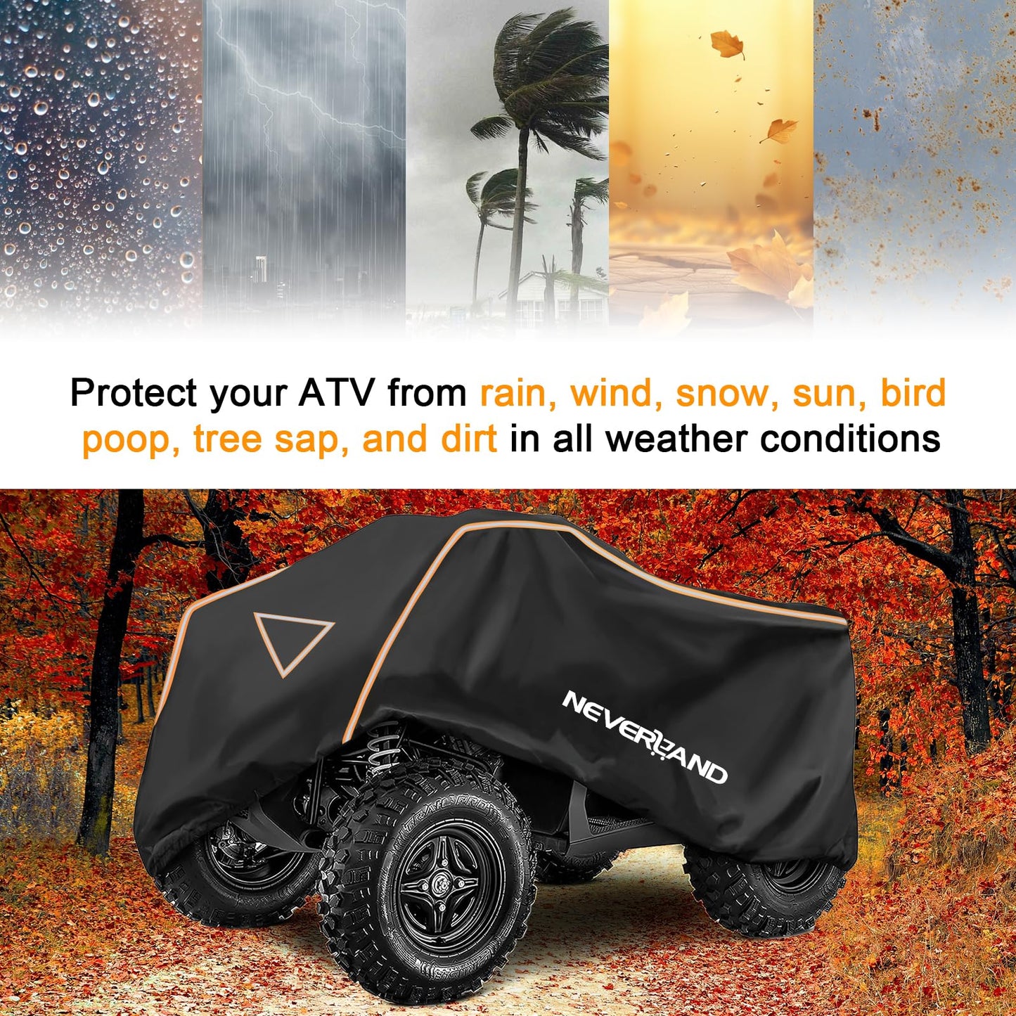 NEVERLAND ATV Cover 420D Waterproof Heavy Duty 4 Wheeler Cover Quad Cover All Season Weather Proof Outdoor UV Protection for Polaris Yamaha Suzuki Honda (Black & Orange Large)