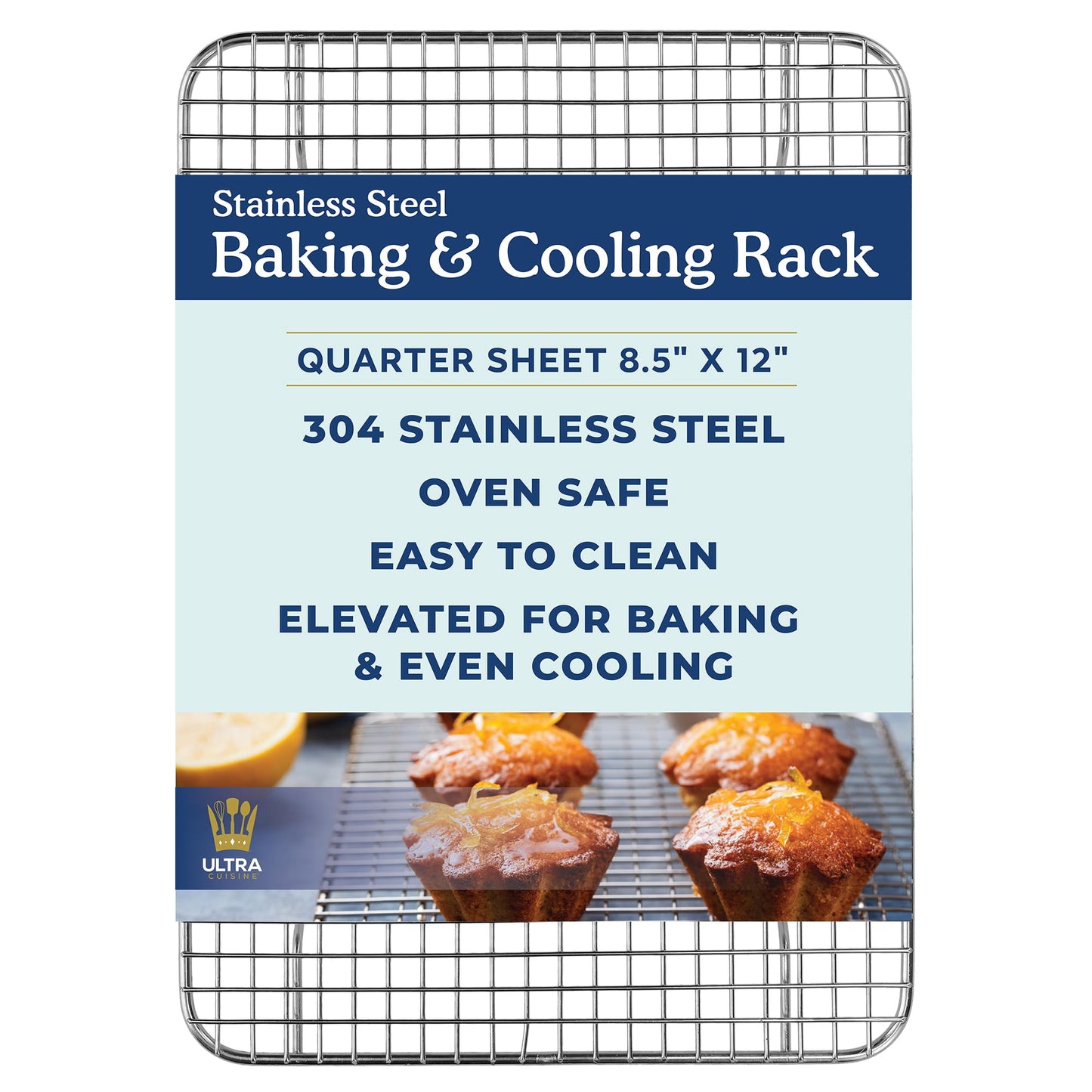 Ultra Cuisine Stainless Steel 8.5 x 12-inch Cooling and Baking Rack - Oven-Safe - Dishwasher-Safe - Heavy Duty - Tight Wire Bake for Oven Cooking - Quarter Sheet Pan - Ideal as Roasting Rack