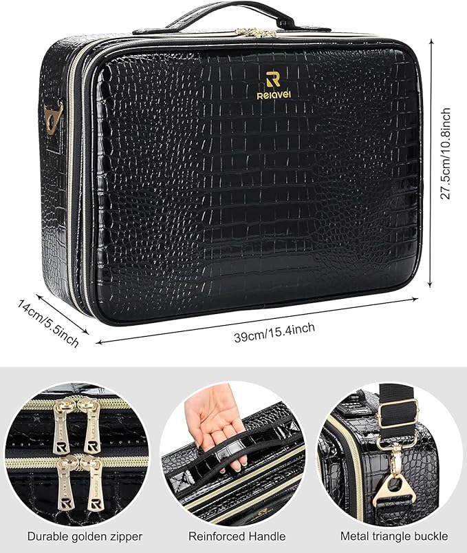 Relavel Professional Train Case - 16.5 Inch Travel Cosmetic Organizer, Waterproof Makeup Artist Storage Box with Large Capacity (Crocodile Pattern)
