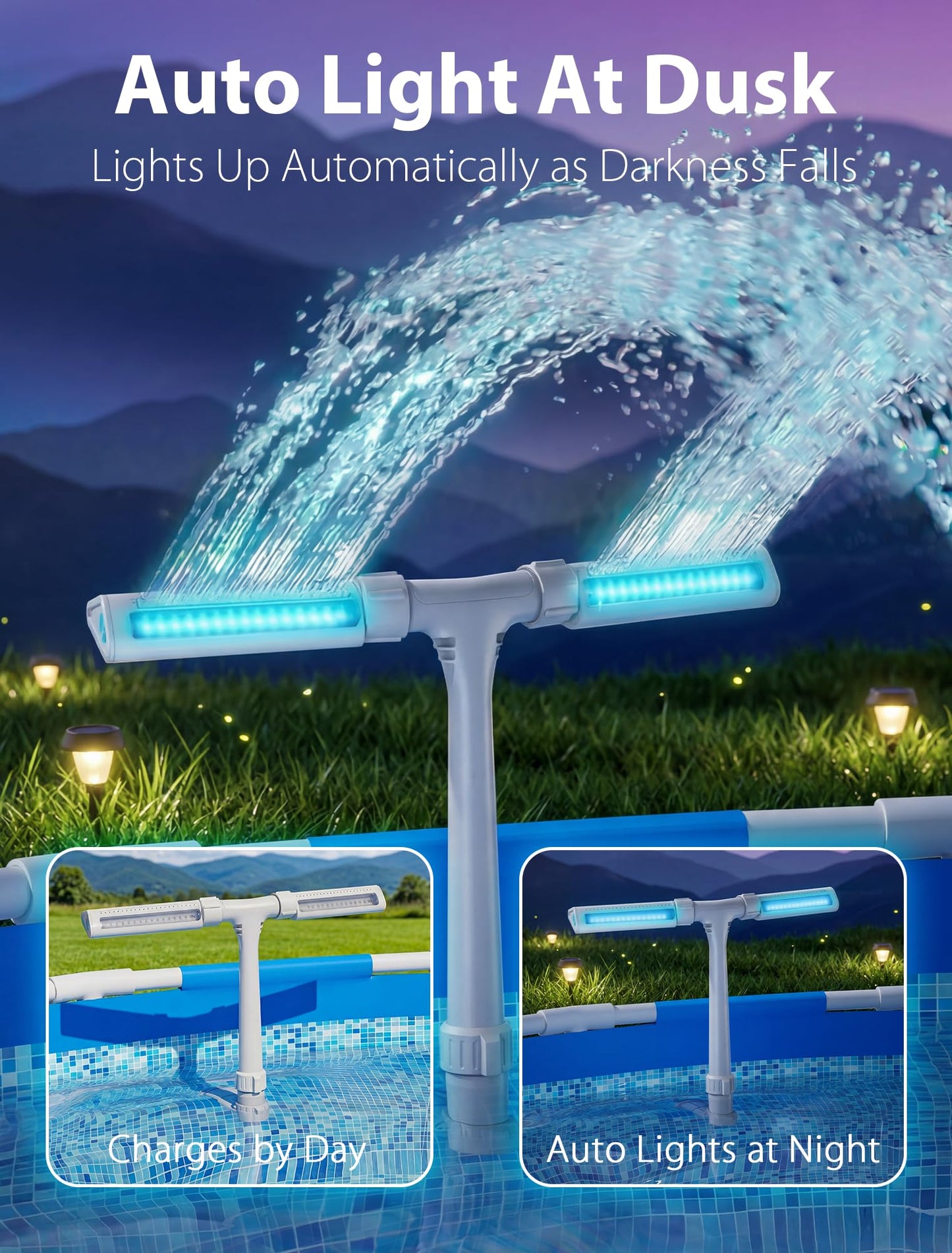 POOLHOUR 2026 Upgrade Height Solar Pool Fountain with 10-Color 4-Mode LED Lights, Auto Light-Sensing Pool Sprinkler Fountain for Above/Inground Pools, 360° Adjustable Spray for 8-16°F Cooling (Gray)