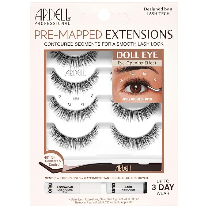 Ardell Pre-Mapped Eyelash Extensions Kit - False Lashes Doll Eye, Reusable Segmented Lash Strips, Long-Lasting with Glue and Remover, 4 Pack