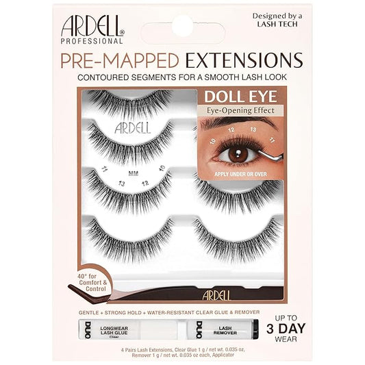 Ardell Pre-Mapped Eyelash Extensions Kit - False Lashes Doll Eye, Reusable Segmented Lash Strips, Long-Lasting with Glue and Remover, 4 Pack