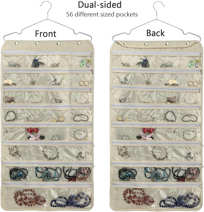 BB Brotrade Hanging Jewelry Organizer,Accessories Organizer,56 Zipper Pocket Organizer for Holding Jewelries (Beige-Zipper)