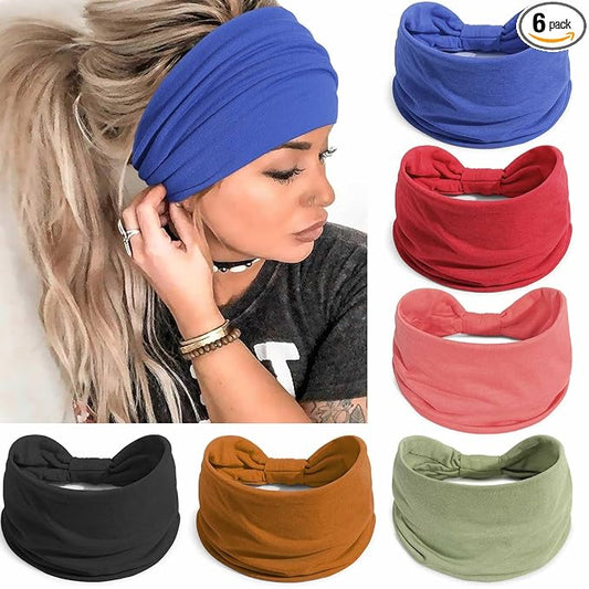 Awumbuk Wide Headbands for Women Knotted No Slip Head Bands Soft Turban Headband Hair Accessories Boho African Solid Color Head Wraps for Women Yoga Workout Pack of 6