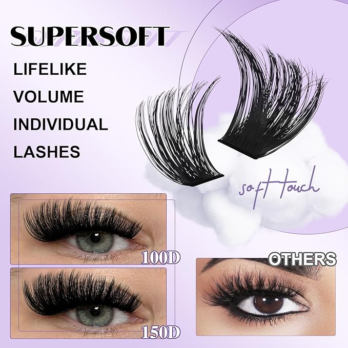 B&Q Fluffy Lash Clusters, Volume Eyelash Clusters 10-18mm, D Curl Cluster Eyelash Extensions, Supersoft Individual Lashes Wispy cluster lashes for Beginners（100D+150D）
