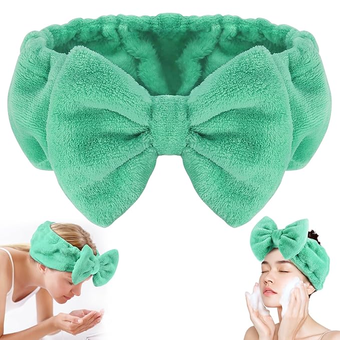 Shintop Face Wash Headband, Soft Makeup Headband with Cute Bow Elastic Spa Headwear for Skincare Facial Mask Showers (Pea Green)
