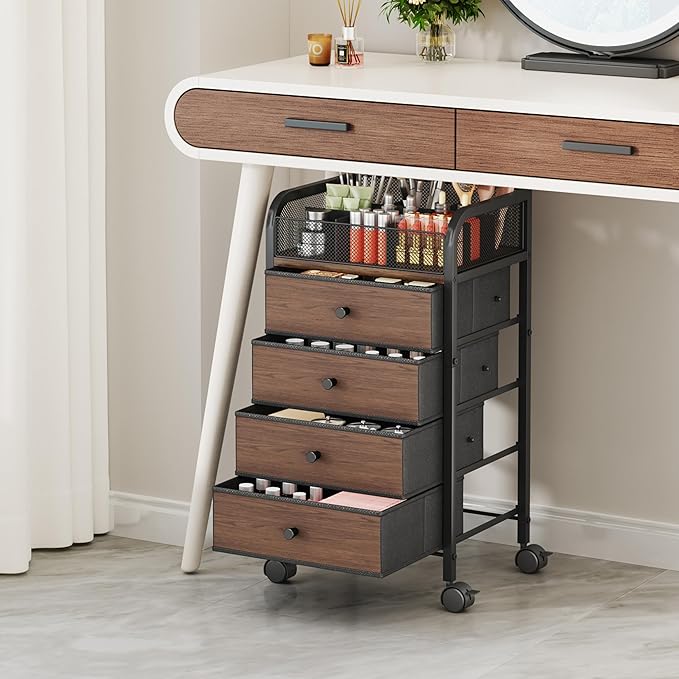 SWTYMIKI Rolling Makeup Organizer Cart - 14.96Ã¢ÂÂ³*11.81Ã¢ÂÂ³*27.55Ã¢ÂÂ³ Widened Under Desk Vanity Storage with 4 Non-woven Drawers, Cosmetic Display Cases for Skin Care Perfume Nail Polish Brush Hair Tool Black