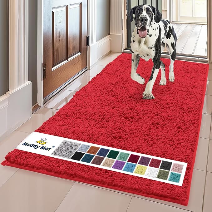 Muddy Mat® | Super Absorbent Door Mat Indoor, Microfiber Quick Dry Chenille Entryway Rug, Non-Slip Front Door Mat, Indoor Mats for Entryway, Machine Washable Pet Rug, Red 24" x 120"
