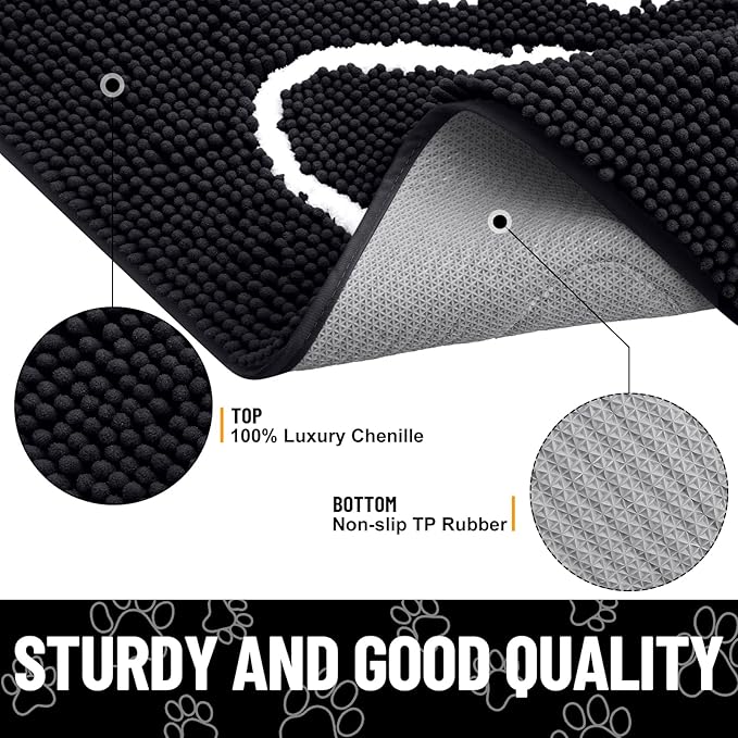 Smiry Dog Door Mat for Muddy Paws, Absorbent Dirt Trapper Non Slip Quick Dry Washable Chenille Mat for Mud Dogs, Entry Rug for Indoor and Outdoor (47x32 Inches, Black and White)