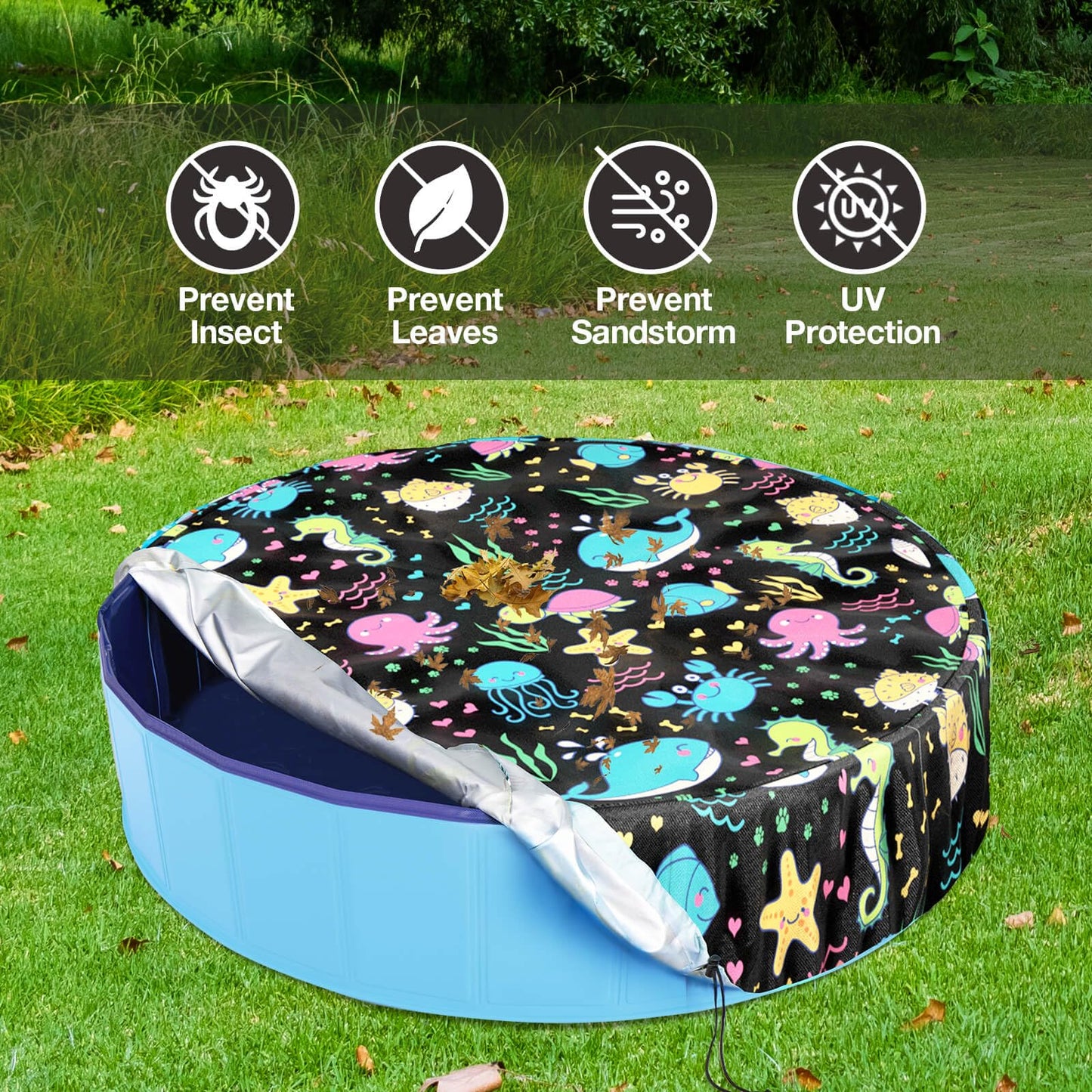 Ladadee Foldable Round Dog Swimming Pool Cover, for 32 "/63“/48” Collapsible Outdoor Tub, PVC Coating Waterproof and UV Protection, Leakproof Washable Kiddie Pet Small Paddling Bath Accessories
