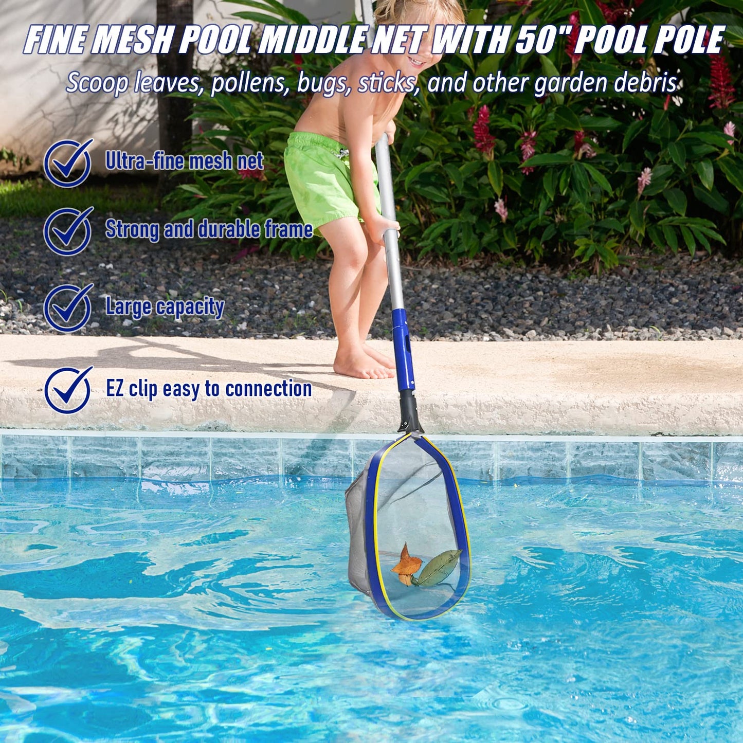 Poolvio Swimming Pool Cleaning Kit, 14'' Brush Head & 50'' Telescopic Aluminum Pole with Fine Mesh Skimmer Net - Perfect for Above Ground Pools, Spas, Hot Tub Fountains Blue (PK0140)