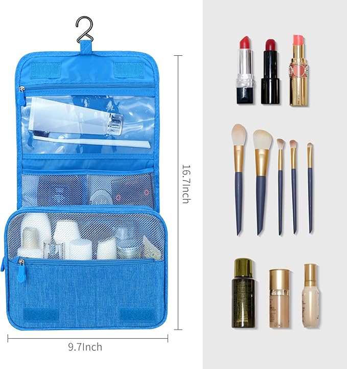 Large Capacity Toiletry Bag Travel Bag with Hanging Hook for Men and Women Waterproof Travel Cosmetic Bag Bathroom Storage Bag for Brushes Set, Full-Sized Shampoo, Toiletries, (Sky Blue)