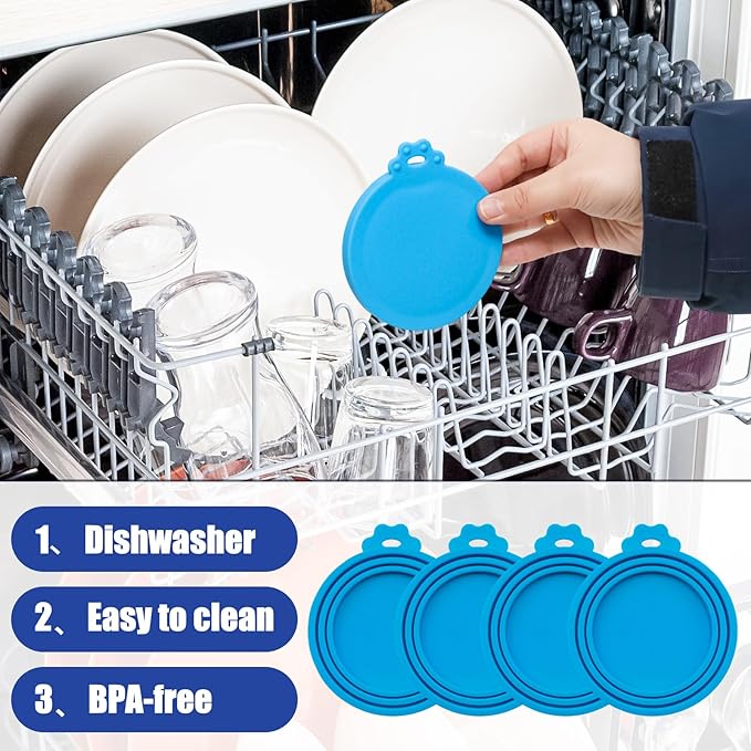 PINE & LINEN 4 Pcs Durable Pet Can Lids,One fit 3 Standard Size Silicone Waterproof Cat Food Cans Lids for 3oz/5.5oz/12.5oz/13.2oz Cat Food Cans（Sky Blue）