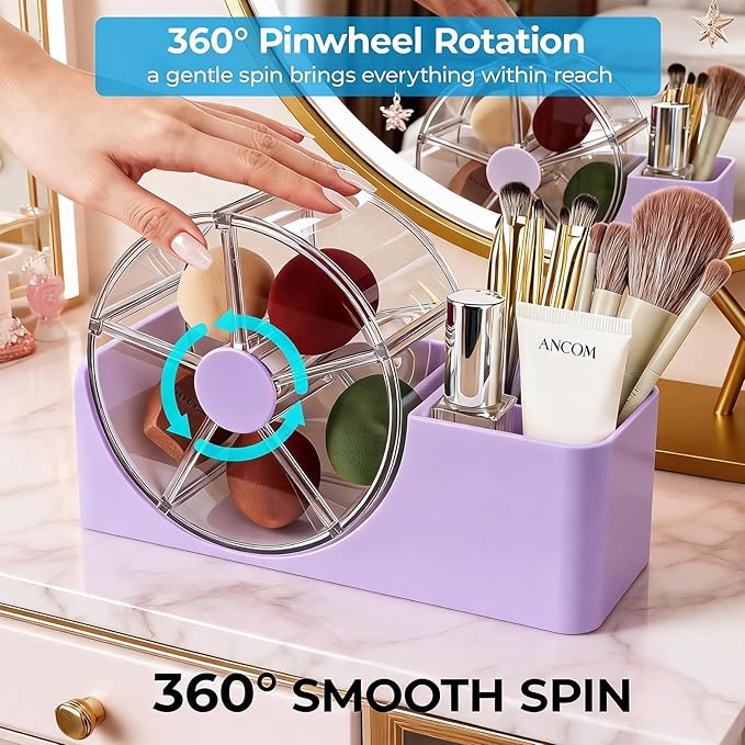 Hair Accessories Organizer for Girls, 2-Slot Hair Brush Holder & 5-Section Rotating Wheel, Cute Makeup Brush Holder for Hair Tile, Clip, Makeup Brush, Earring, Ring, Kids Vanity Accessories (Lavender)