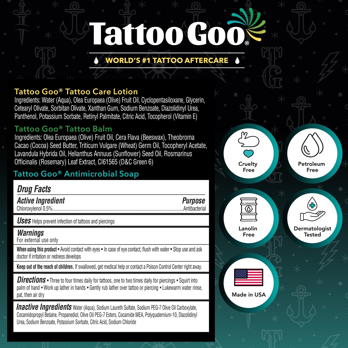 Tattoo Goo Aftercare Kit Includes Antimicrobial Soap, Balm, and Lotion, Tattoo Care for Color Enhancement + Quick Healing - Cruelty-Free, Petroleum-Free, Tattoo Artist Gifts (3 Piece Set)