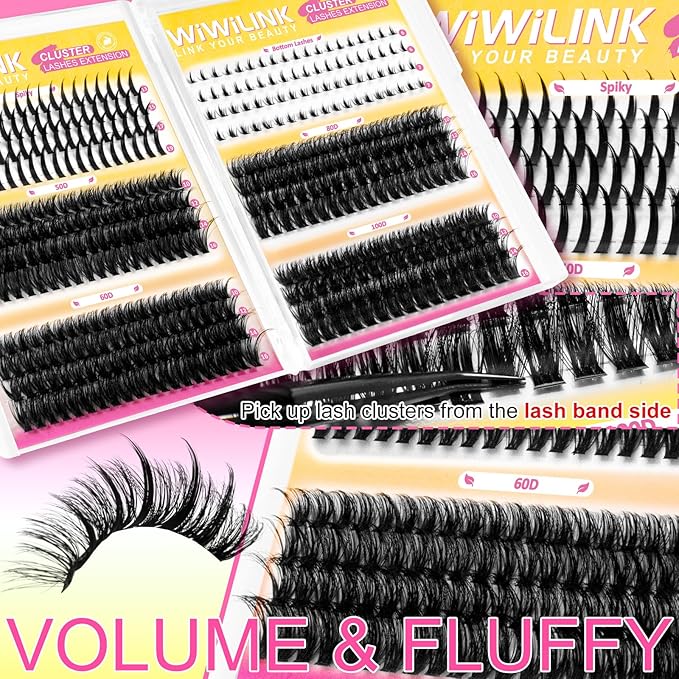 Fluffy Lash Clusters Kit Wispy 452Pcs Eyelash Clusters with Spikes 50D 60D 80D 100D Manga Cluster Eyelash Extensions Kit Volume Lash Extension 10-16mm False Eyelashes Kit