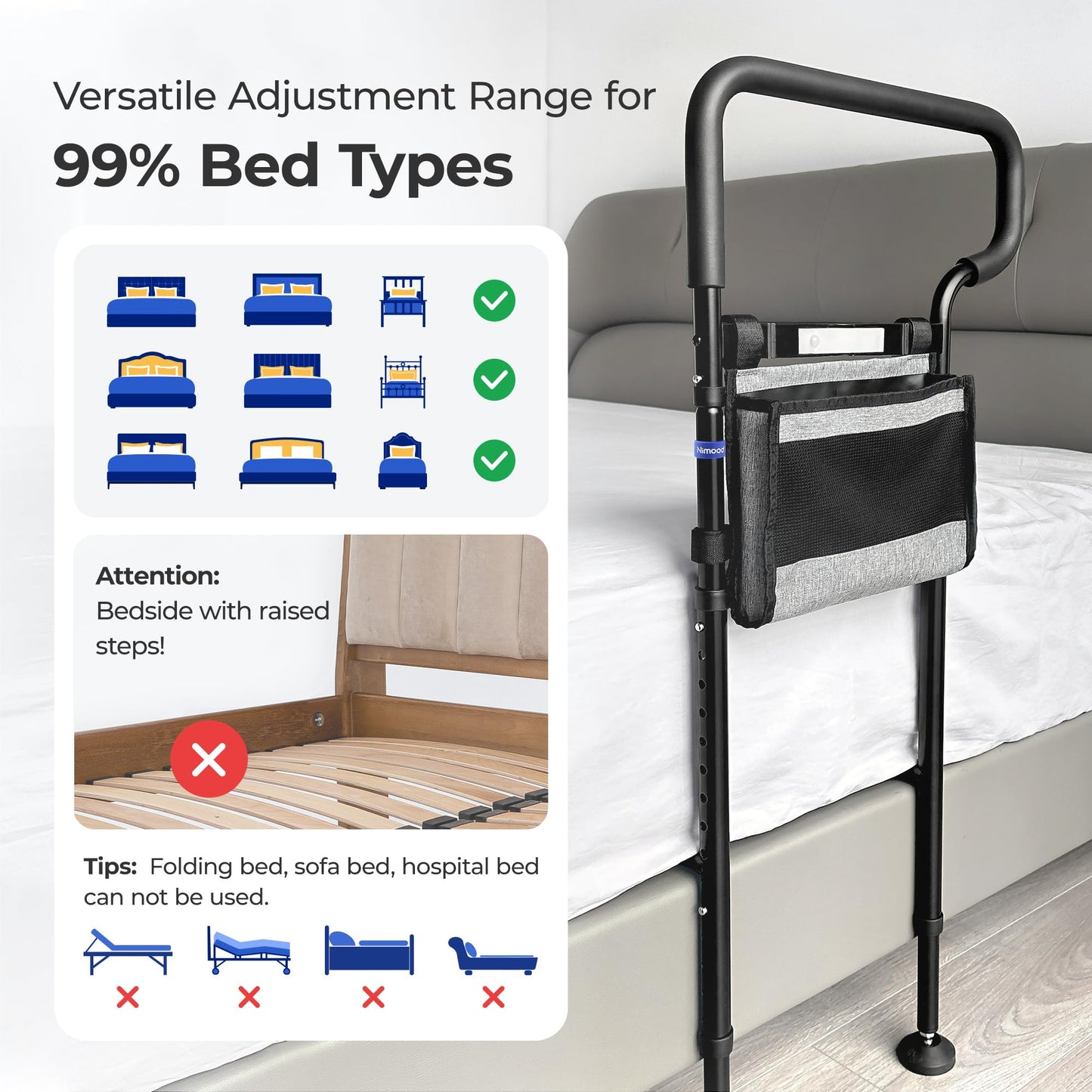 nimood C3 PRO Bed Rails for Seniors Elderly Adults Safety, Adjustable Heights Bed Cane Bed Assist Bar Elderly Assistance Products, with Motion Light- Easy to Get in or Out of Bed with Floor Suppor