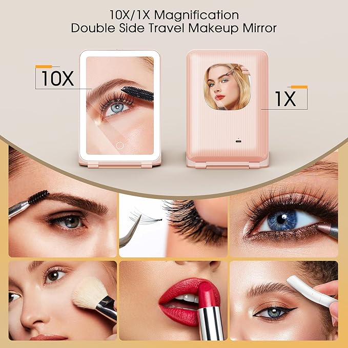 Travel Makeup Mirror with Lights and Magnification, 10X/1X Magnifying Vanity Mirror with 3 Colors & Brightness Adjustable, 2000 mAh Rechargeable Lighted Compact Mirror, Women Gift(Pink)